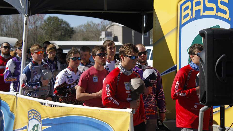 Anglers line up to weigh-in on Day 1 of the Carhartt Bassmaster College Series Central Regional on the Atchafalaya Basin and like all Bassmaster weigh-ins, anglers and fans stand and pay respect during the National Anthem.