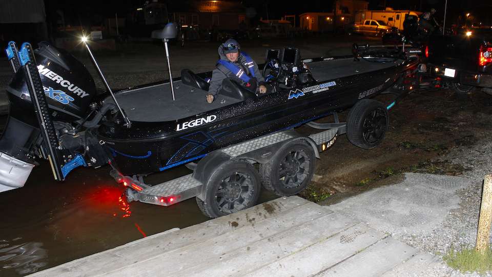 The Day 1 leaders Tyler Stewart and Nick Joiner launch their boat. They hope another 17 pounds is in their future, but if it isn't they do have a 4-plus pound cushion.