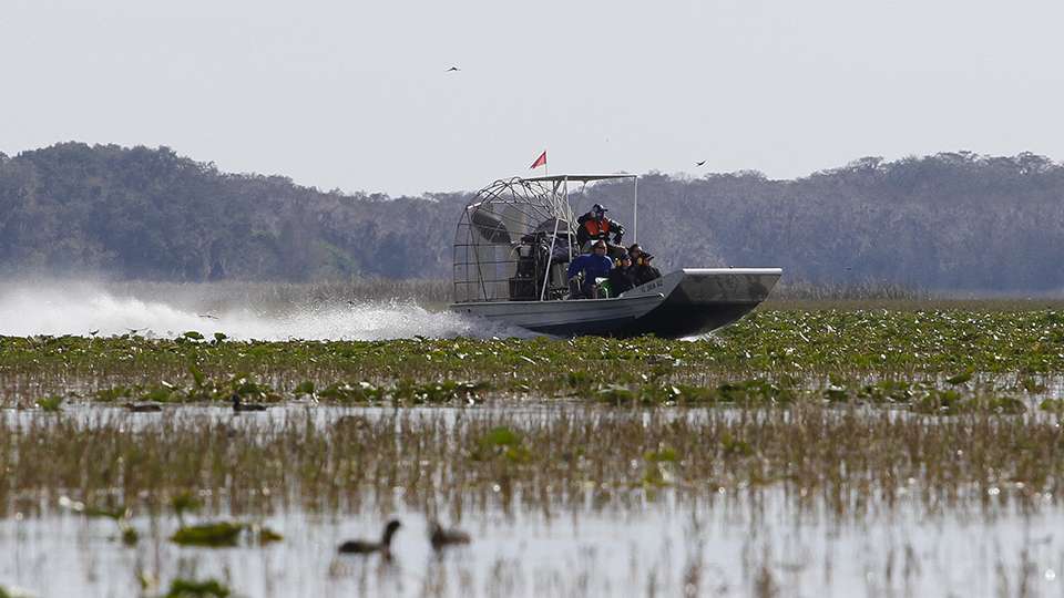An airboat tour group comes out of a wooded area and flies by us to head across the lake.