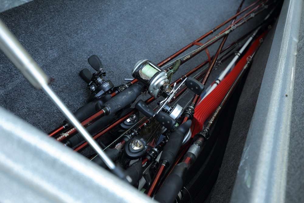 In the front, left rod locker, Lucas usually carries 12 to 20 rods ready for use.