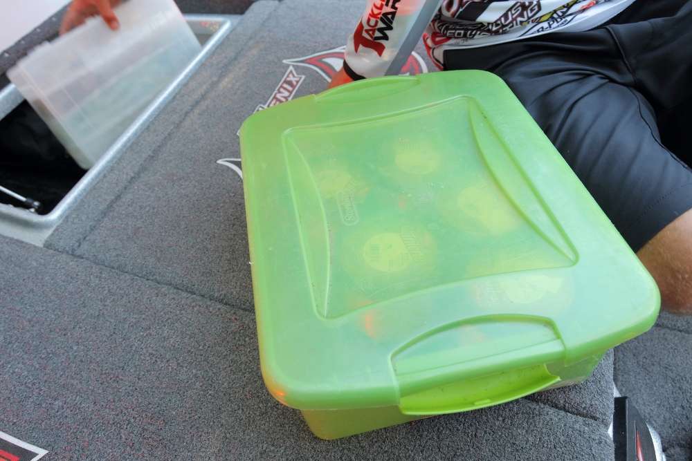 In the front storage compartment, a green bin holds a selection of line spools. Lucas said he always carries a lot of spare line, even during tournament season.