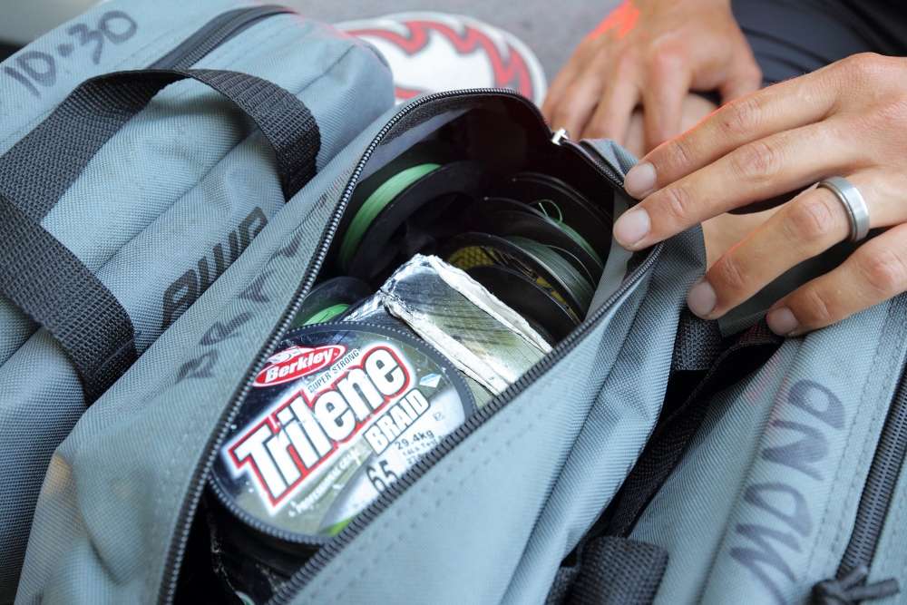 One bag holds mono and fluorocarbon lines, one bag has 10- to 30-pound braid and the third holds 50- to 65-pound braid.