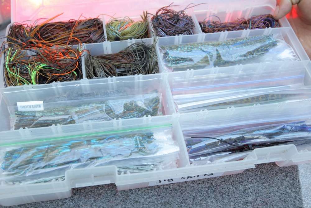 Next up is Lucas' jig skirt box. Various colors are kept on hand to match the forage in various Elite Series venues.