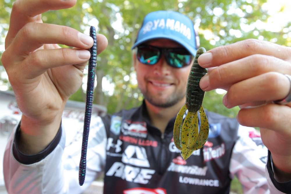 Here Lucas shows off two of his favorite soft baits. Left is a Havoc Bottom Hopper and right is the Havoc Pit Boss. 