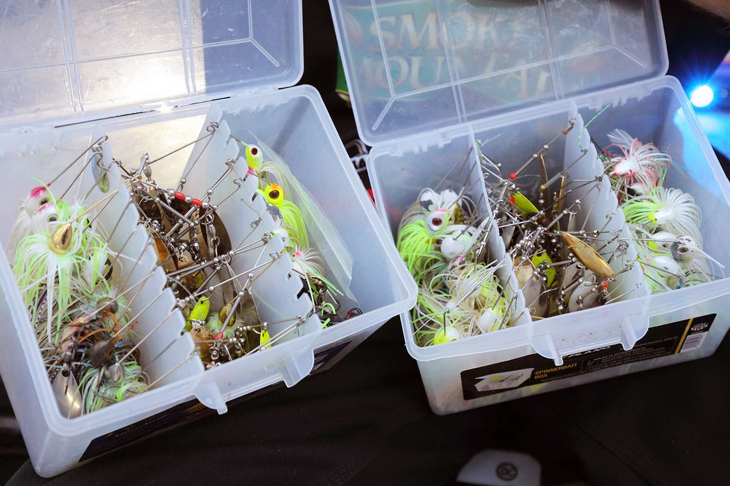 The same compartment also held two boxes of spinnerbaits. Whites and yellows were the colors of choice at this point in Bertrand's season.