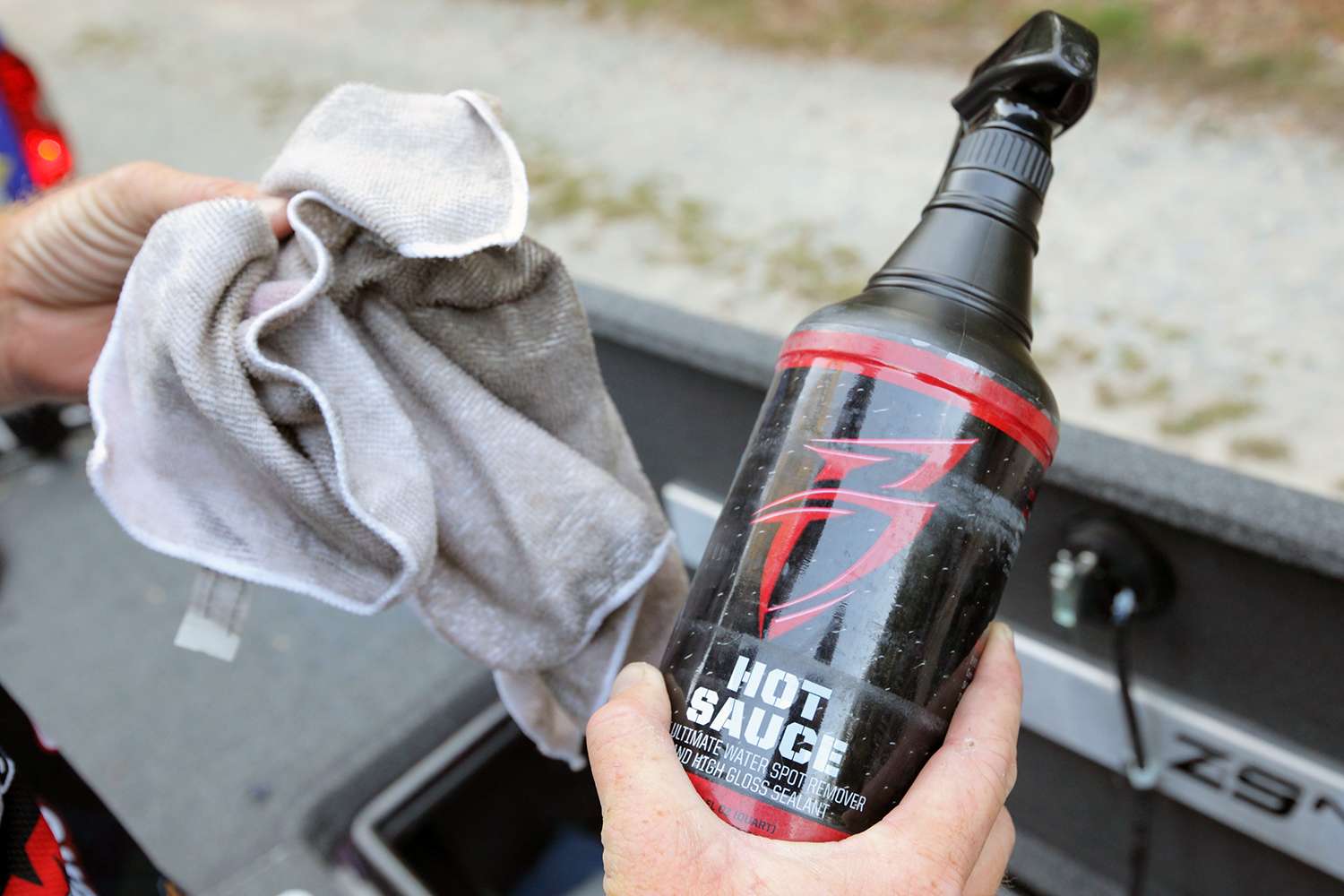 The bottle of Boat Bling's Hot Sauce cleaner and a cleaning towel came in handy during a long, dirty tournament season. The cleaner removes hard water spots, mineral deposits and exhaust residue.