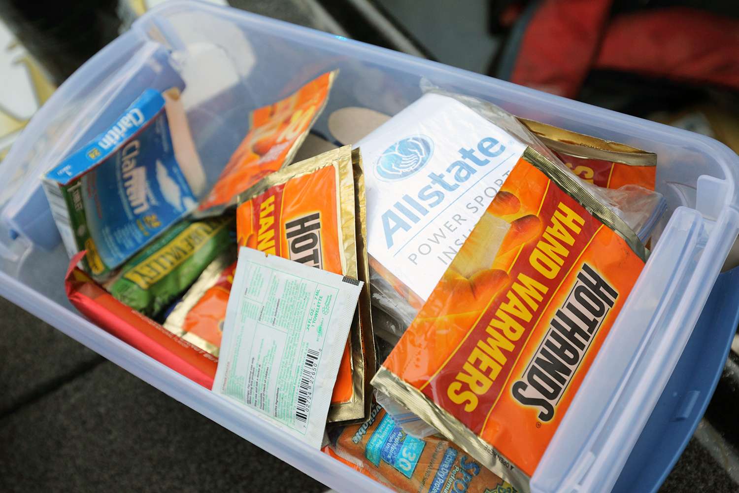 Other survival items here included hand warmers, snack bars and different medicines.