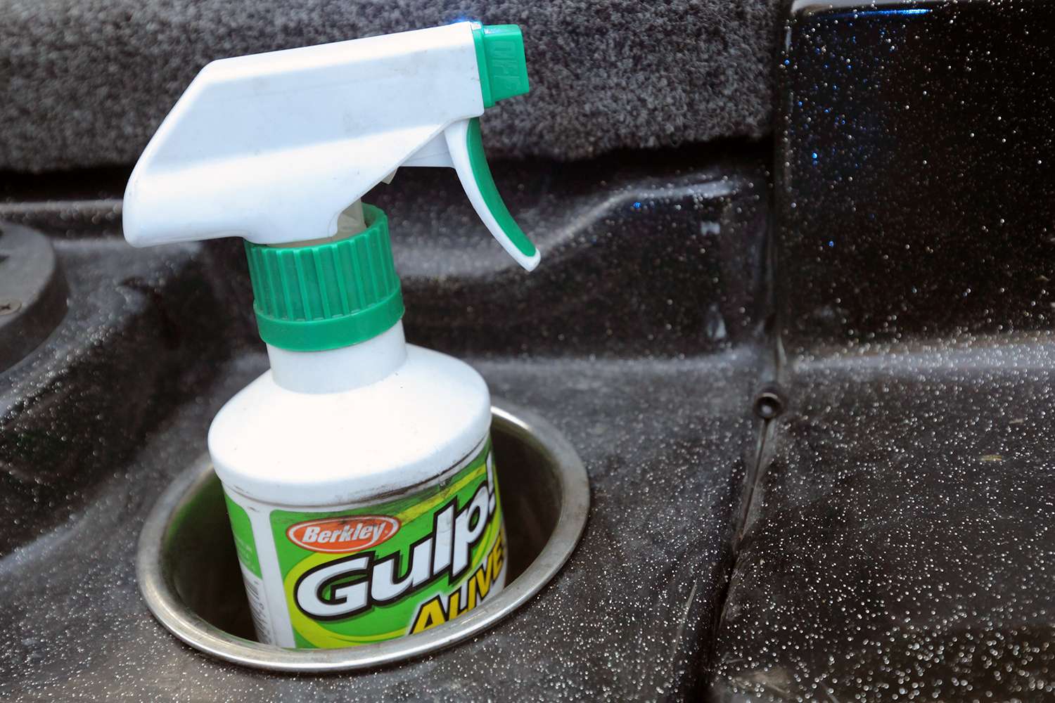 A spray bottle of Gulp! was handy as Bertrand's boat was prepped to head out on a smallmouth fishery. Bertrand said he will spray Gulp! on any soft baits he uses.