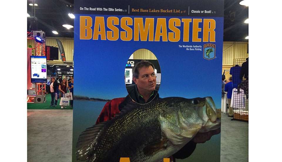 Bassmaster might have done better with this head-in-hole photo op with a lunker on its magazine cover. I know I have a pretty big head, but I donât know anyone outside of Andre the Giant who could even come close to making this look proportional.