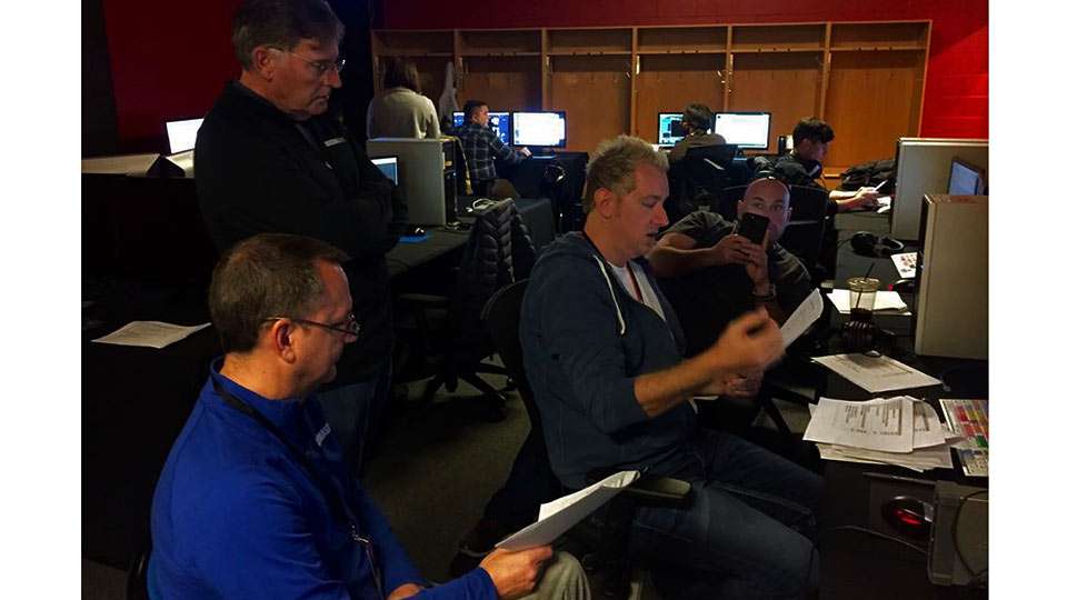 Speaking of bowels, the JM production team is set up here in its edit suite deep inside the BOK. JM has three shows to worry about this year -- 18 hours of LIVE, about 10 hours of weigh-ins and four hours of Classic shows on ESPN2. Tommy Sanders (top left), executive producer Mike McKinnis (bottom left) and Dave Mercer (right) listen as LIVE producer David Lipke gives a rundown of the segments for the LIVE shows.