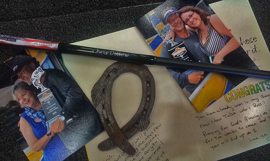 Chris Dillow, the Opens winner from Virginia, carries a number of items of significance into his first Classic, including photos of him with his wife and daughter, a letter from his twin brother, Curtis, a personalized pole a friend gave him and a horseshoe turned into an ichthys by his jig maker.