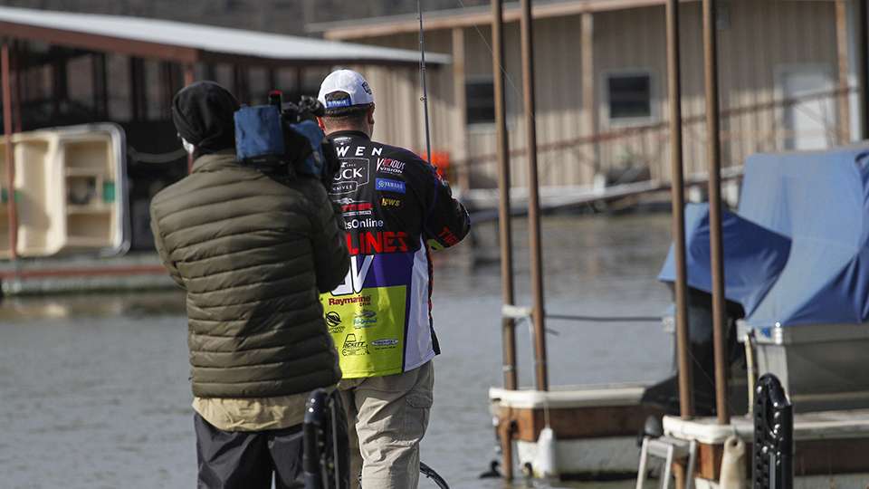 Cameras are fixed on Lowen as every angler is sitting on less than three fish as the Indiana pro already has a 12-pound limit.