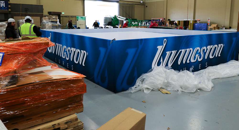 Livingston Lures is getting ready as well. I thought this was a stage but this is their sign, soon to be hung from the ceiling. 