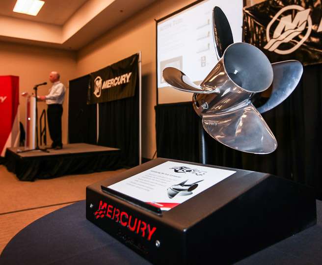 Mercury Marines is introducing two new products to the media prior to the unveiling on the Expo floor.  This is the new Fury 4 tournament level propeller. 