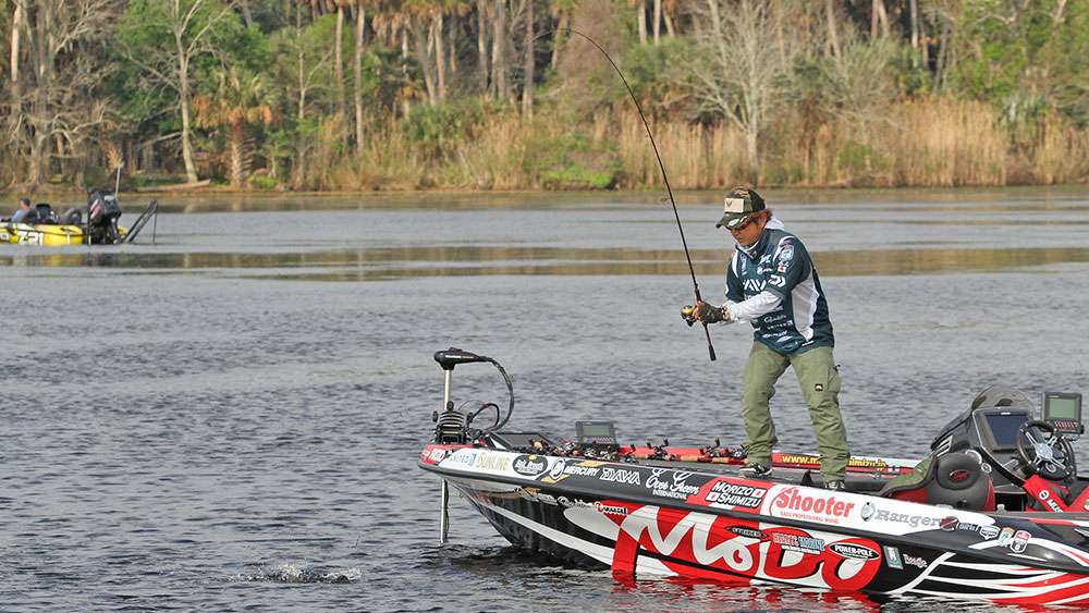 Morizo Shimizu connects with a pretty good fish and works it boat side. 