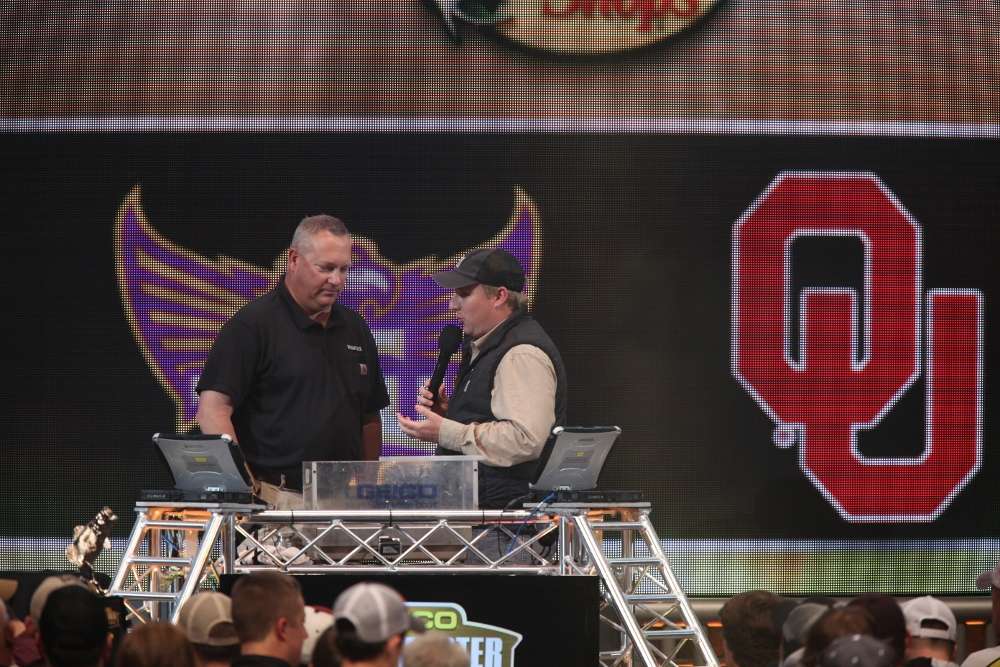 Jon Stewart, Director, B.A.S.S. Nation and Hank Weldon, Senior Manager of College Series, begin the weigh-in festivities for Day 3 of the 2016 GEICO Bassmaster Classic.