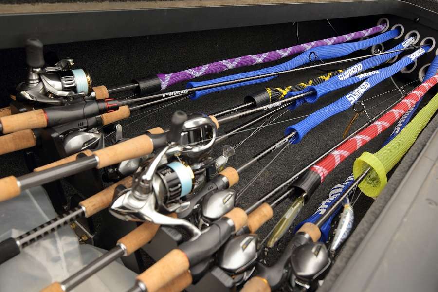 The boat's left rod storage locker was packed with rods and reels by Shimano Japan. Iyobe liked to have approximately 15 rods on hand for competition.