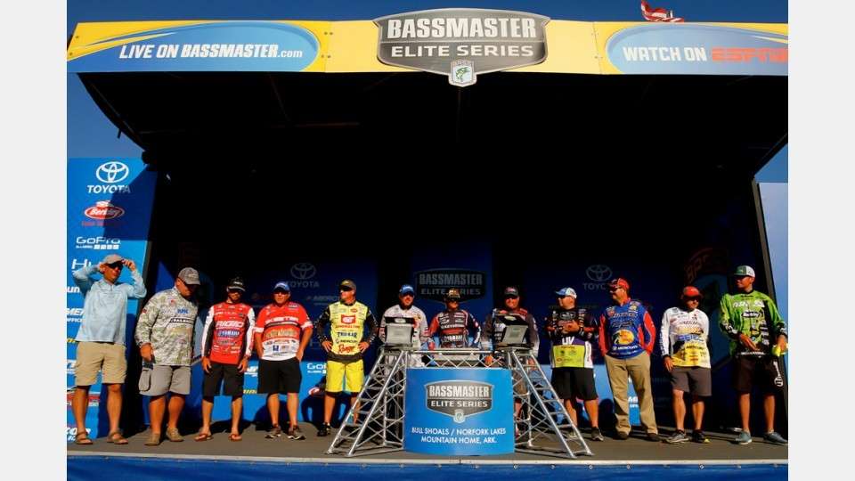 This unique two-lake tournament was all about spawning bass. During the Bassmaster Elite at Bull Shoals/Norfork, the water surface temperature started at 59 degrees on the Sunday morning of the first practice day and ended at 71 degrees on the Sunday afternoon of the final tournament day, as measured by champion Randall Tharp from âthe exact same placeâ in Norfork Lake. Enhancing the spawning activity was Aprilâs full moon, which occurred on Friday. The following is a brief rundown of the baits each angler used. <p> <em>All captions: Steve Wright</em>
