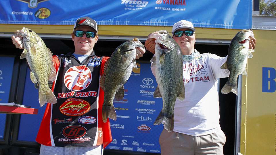 Travis Bounds and Andrew Loberg of Chico State, 2nd (40-14) and they also had the Carhartt Big Bass as well as the Nitro Big Bag of the tournament with their final day weight of 17-7.