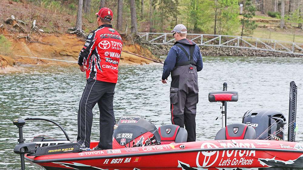 Both anglers are working slow-moving presentations. After the rough weather the night before, the bass seem to prefer something a little slower. 