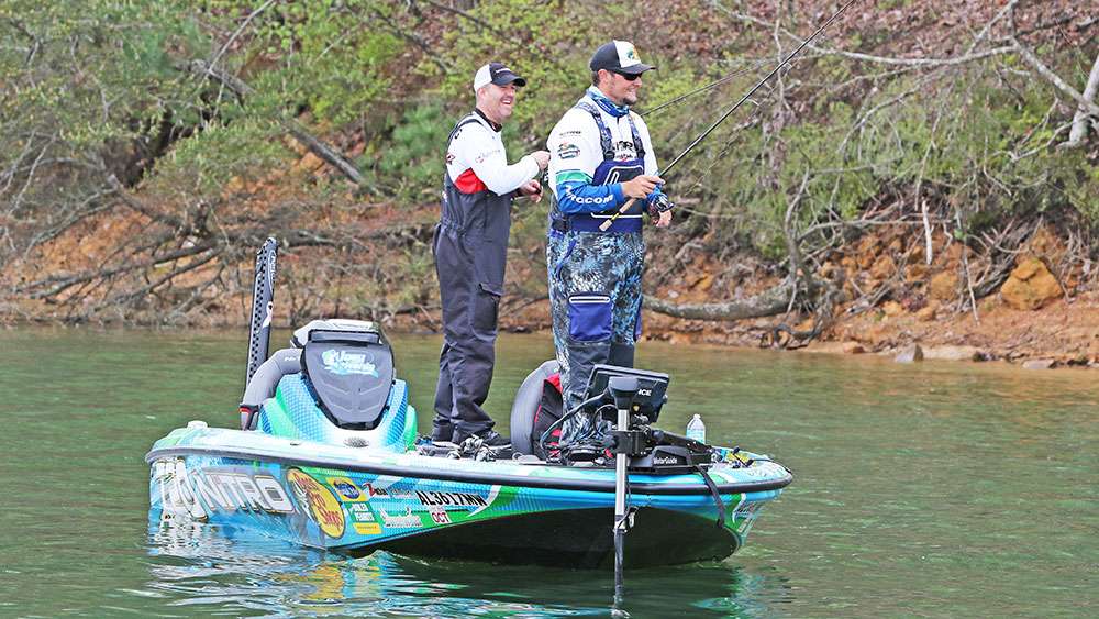 After an exciting morning, Joey Nania is looking for a fish to cull up with. He said he had a limit early in the morning, but he feels like he'll need more weight to remain in contention. His co-angler Jeff Hartung also had a decent limit at the time. 