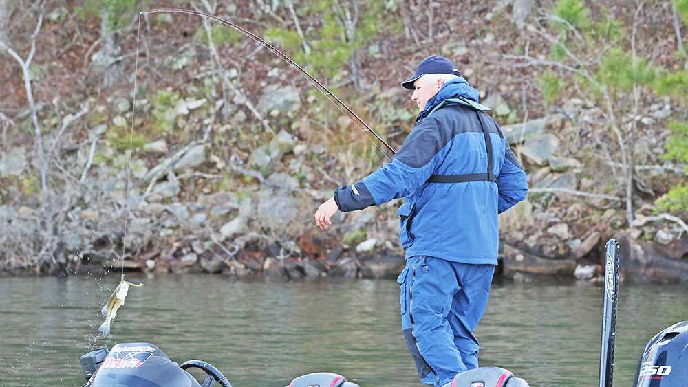Shortly after dropping that fish in the box, Scroggins' co Steve Roosen catches a small fish. But, it's action.