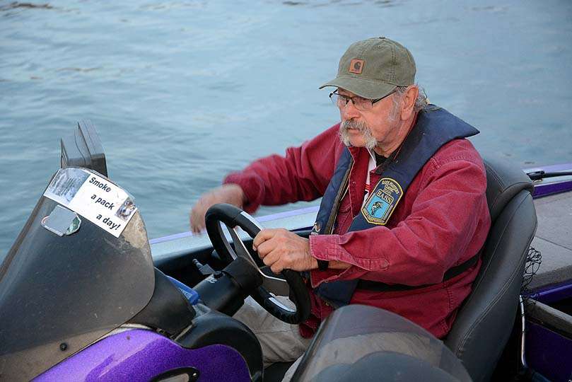 Stan Fisher of Montana wears a throwback personal flotation device bearing the logo or the 2000 BASS Masters Classic, as it was called back in the day. Fisher was a qualifier from the B.A.S.S. Nation. 