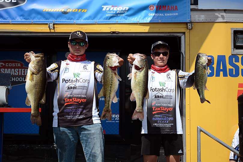 Sean Hall and Kyler McKie of North Augusta High School in South Carolina with their catch, which eventually puts them in third place for the tournament.