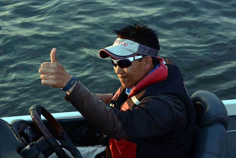 Day 1 leader Jim Nguyen of Missouri is one of the last boats out. That means he gets a longer day of fishing. 