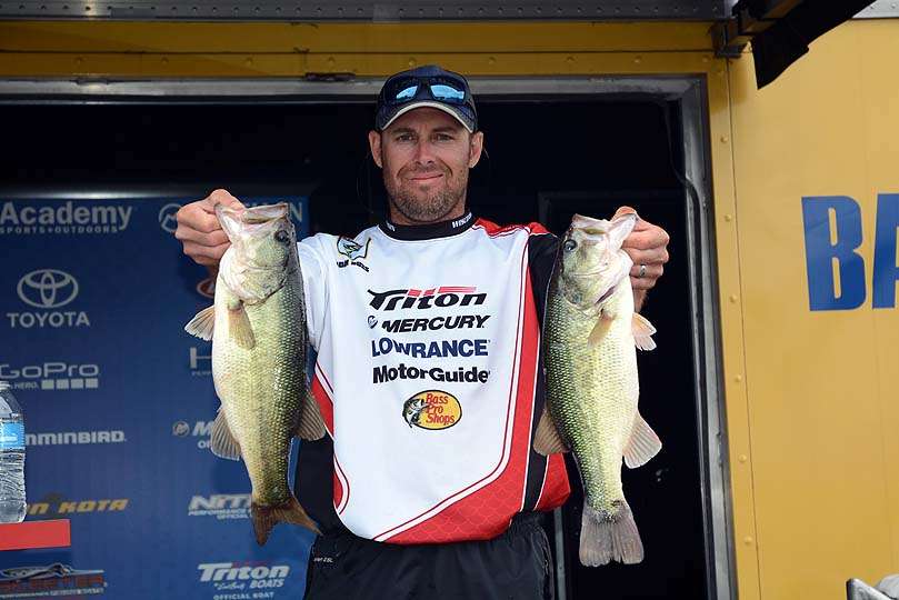 One of the first anglers to weigh in is Adam Buss of Appleton, Wis. His catch weighs 17 pounds, 8 ounces. Buss is a non-boater in the tournament. 