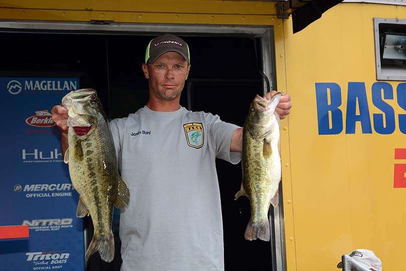 Josh Ray of Arkansas takes the lead after catching the biggest weight of the tournament thus far. His limit weighs 23 pounds, 2 ounces for an overall weight of 36-10. 