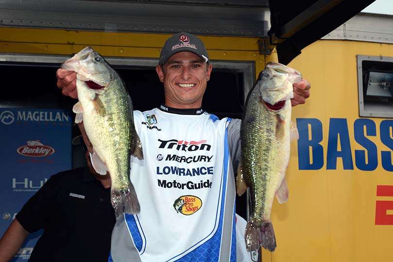 Matt Pangrac of Oklahoma makes a huge jump after catching a limit weighing 19-6. He is in seventh place overall in the tournament. 