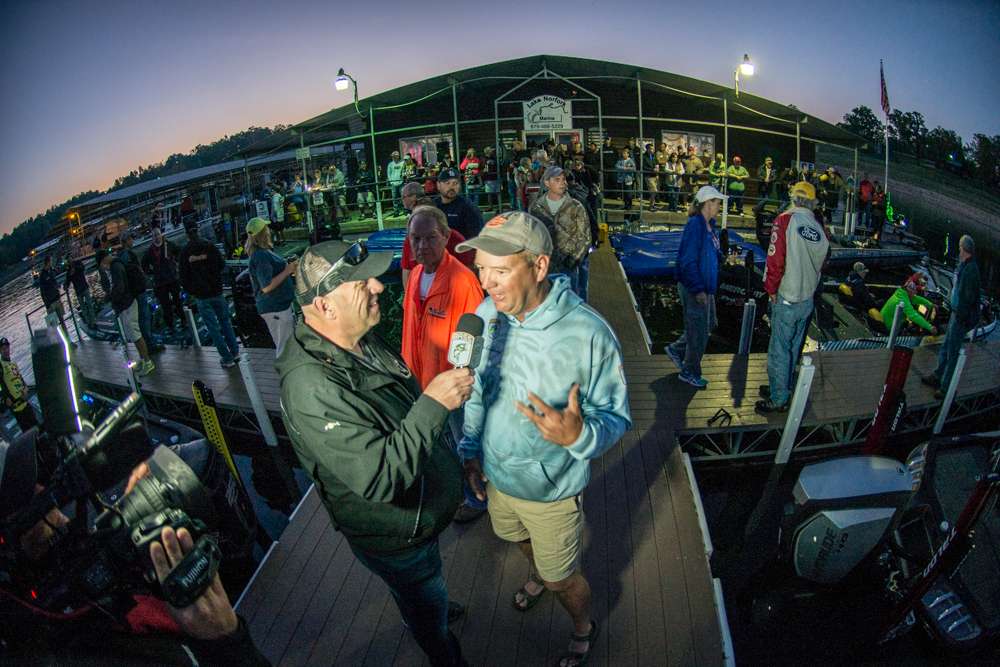Kennedy answers a few questions from Bassmaster MC Dave Mercer while a rather large take off crowd watched from the covered docks. 