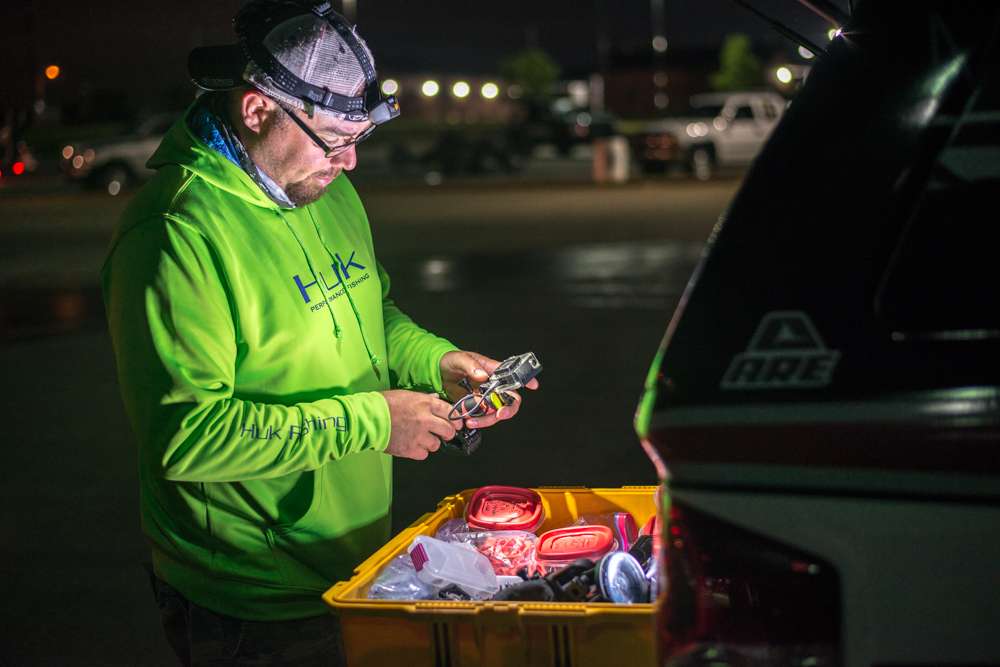 Day 1 of the fourth stop of the Bassmaster Elite Series is underway on Lake Wheeler in Decatur, Alabama! Bassmaster GoPro guru Thomas Allen readies one of the many GoPro cameras used to capture the day one action. 