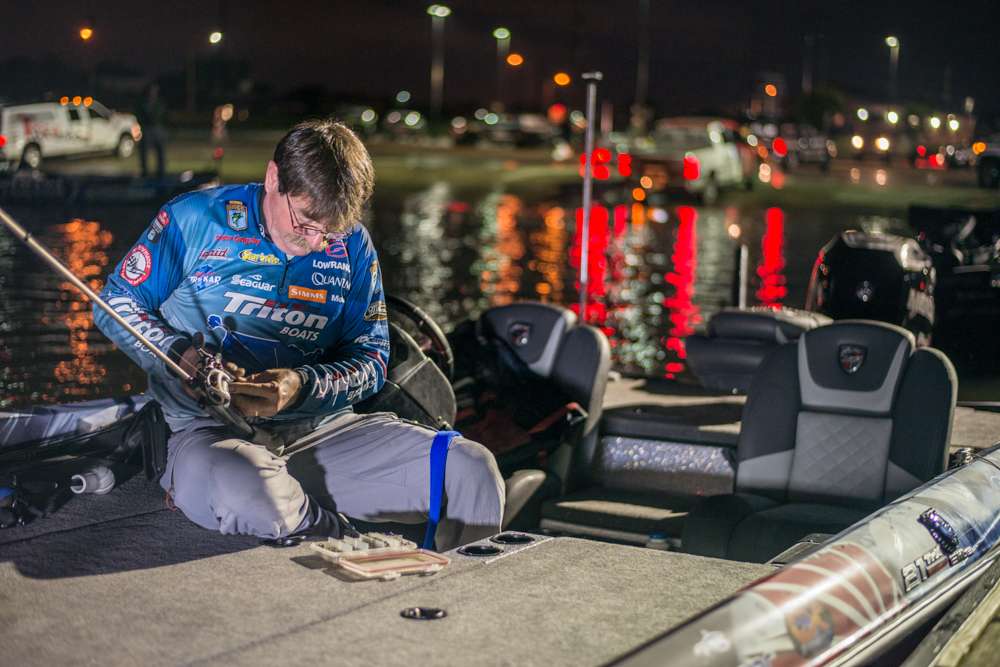 Shaw Grigsby was busy changing out his hooks to make sure every bite he gets on Wheeler puts a few more pounds in the boat. 