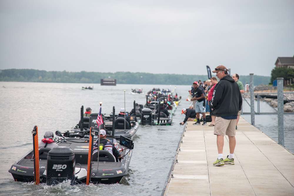 In perfect formation the final anglers head out for day one on Lake Wheeler. Make sure to keep checking Bassmaster.com today for all the latest updates, photos, videos and more from the water! 