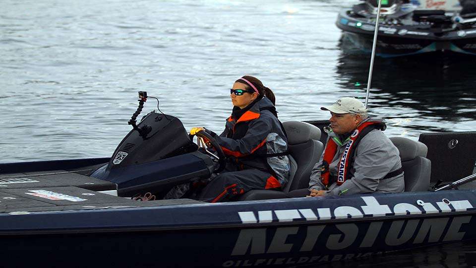 Texas pro Trait Crist is among the first boats to leave the ramp. Her weigh-in time is 2:30 p.m. 