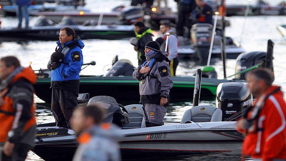 The national anthem signals the start of a tournament day at all Bassmaster events, from the pro level to high school competitions. 