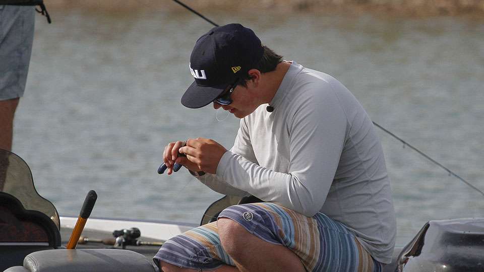 Stanton takes a moment to retie. A  weightless senko was key for Stanton and Campbell as they fished isolated reed patches.