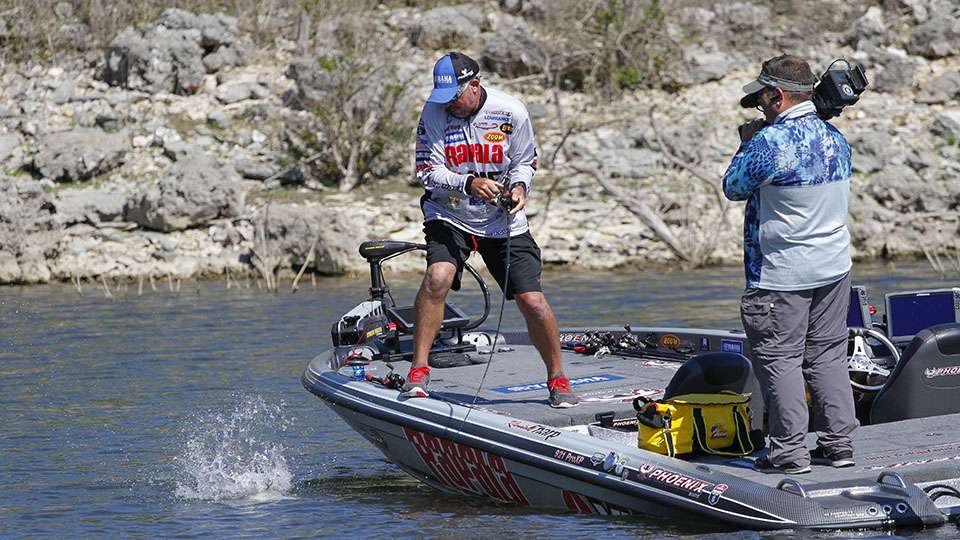 This one jumps at the boat and Tharp stays tensed up as he gets prepared to pull it in.
