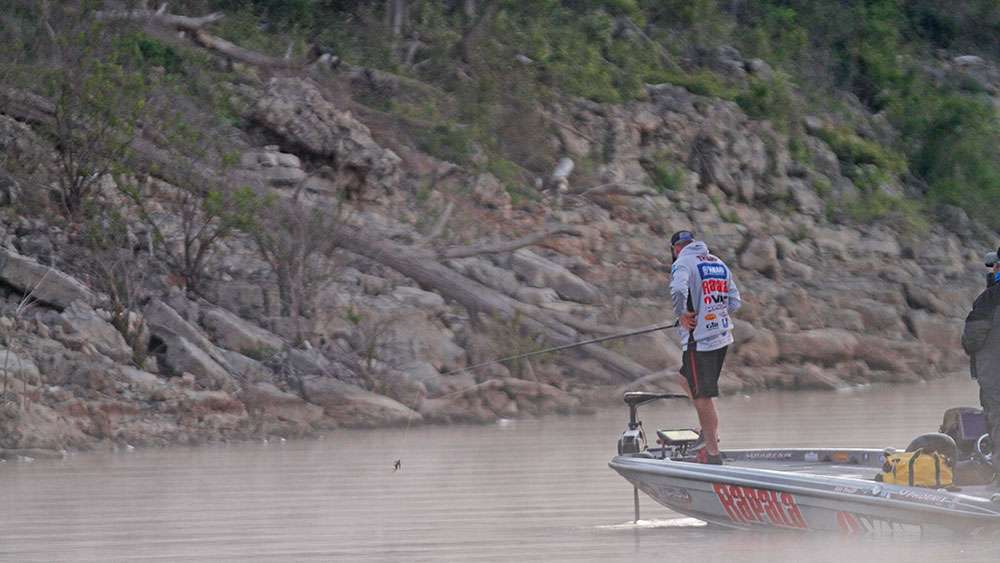 Before the sun tops the ridge behind him, Tharp knows that he's five fish away from his first Bassmaster title. He said the fishing usually starts out a bit slow before the sun warms the shoreline. But, there are usually a few fish wiling to eat early. 