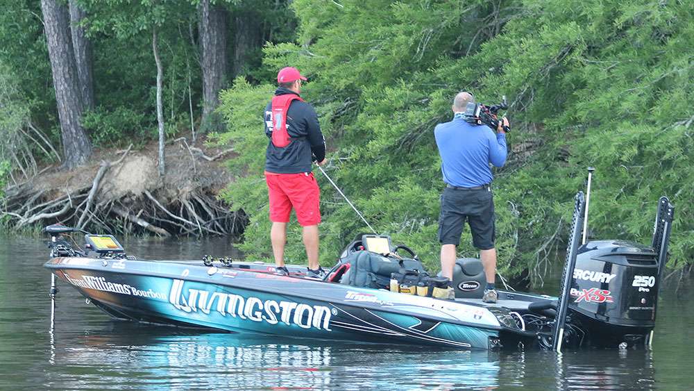Hank Cherry has surprised everyone in the A.R.E. Truck Caps Bassmaster Elite at Toledo Bend, mainly by fishing on the bank and flipping and pitching. Cherry is known for his expertise with a jerkbait around off-shore structure.