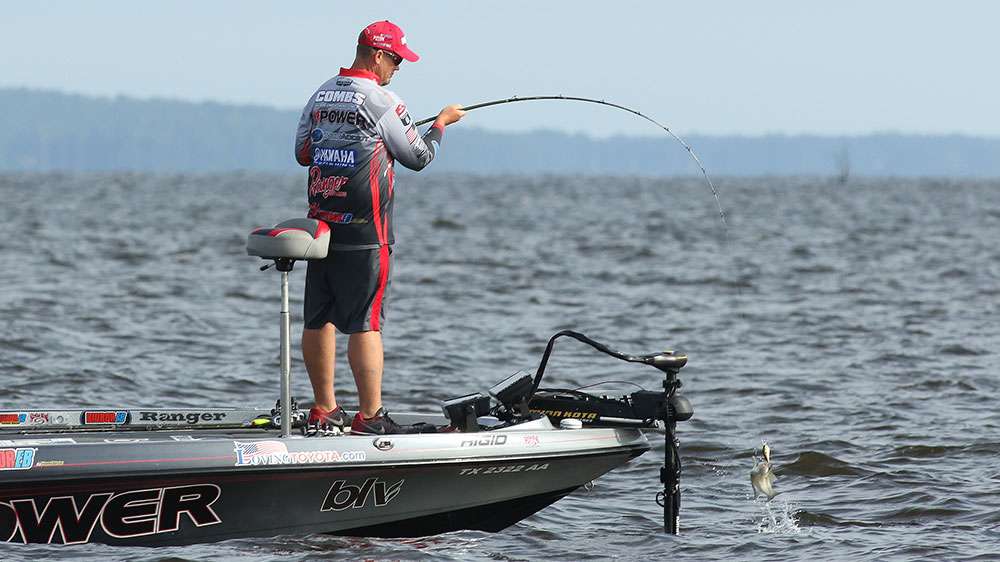 Keith Combs put together a stellar day on Championship Day, catching two 6-pound class early. By the time we caught up to him, he was catching fish on virtually every cast. But many of those were white bass.