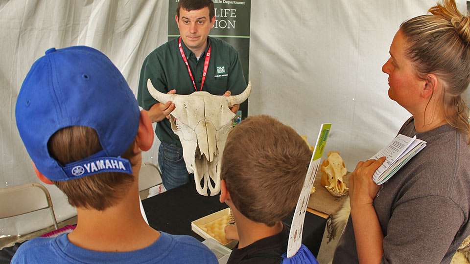 Kieschnick shows a bison skull to the youth. The Houston clan made it through the Wildlife Outdoor Adventures Area and hoped to win that camping pack.