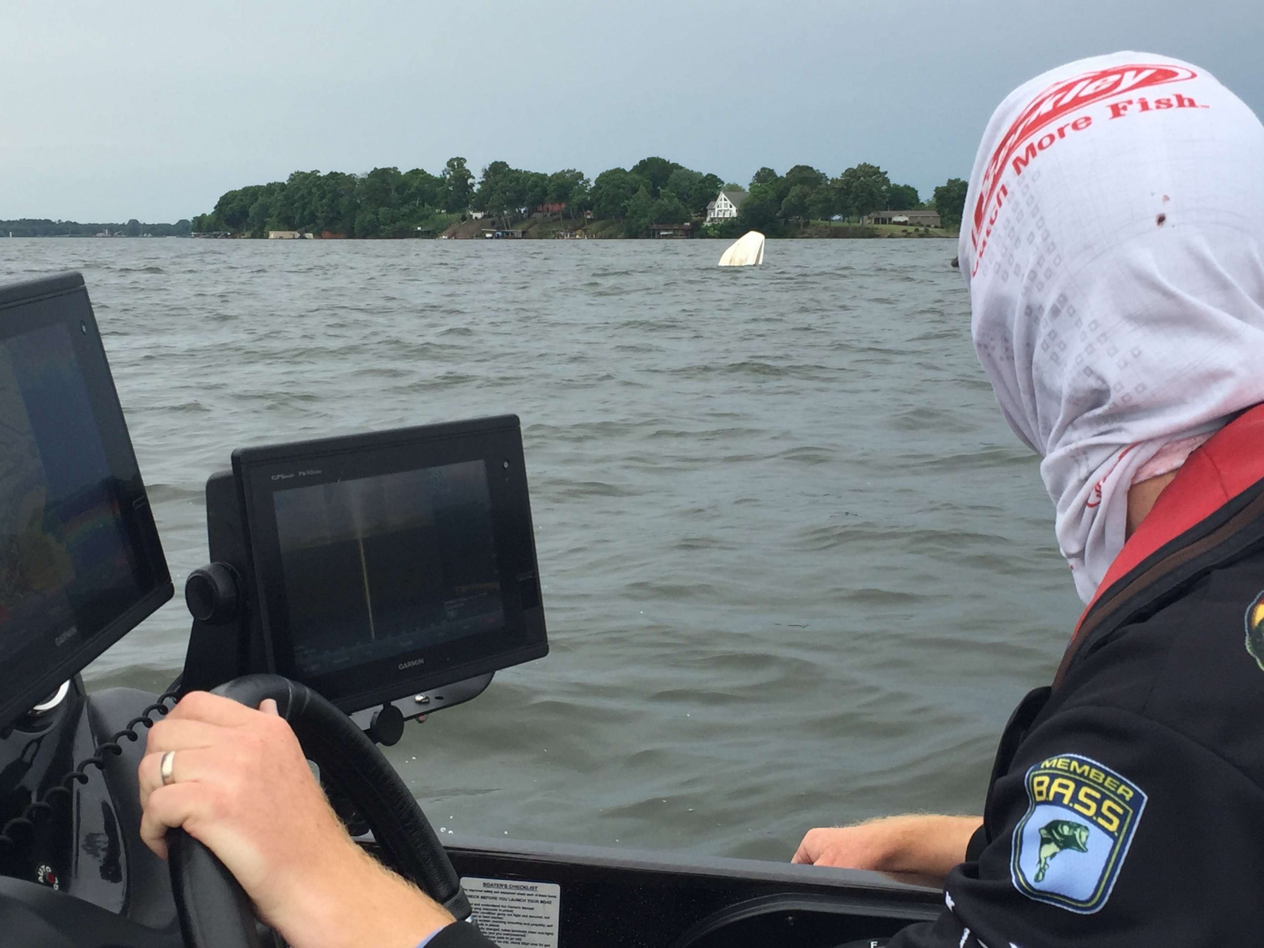 Sometimes the anglers do point out crazy stuff, like Josh Bertrand slowing down here to check on a boat that capsized at Wheeler Lake. Matt Lee rescued the two men, but other pros reported looking to see if they could help, and Marshal Joe McElroy got a shot of the sinking vessel. 