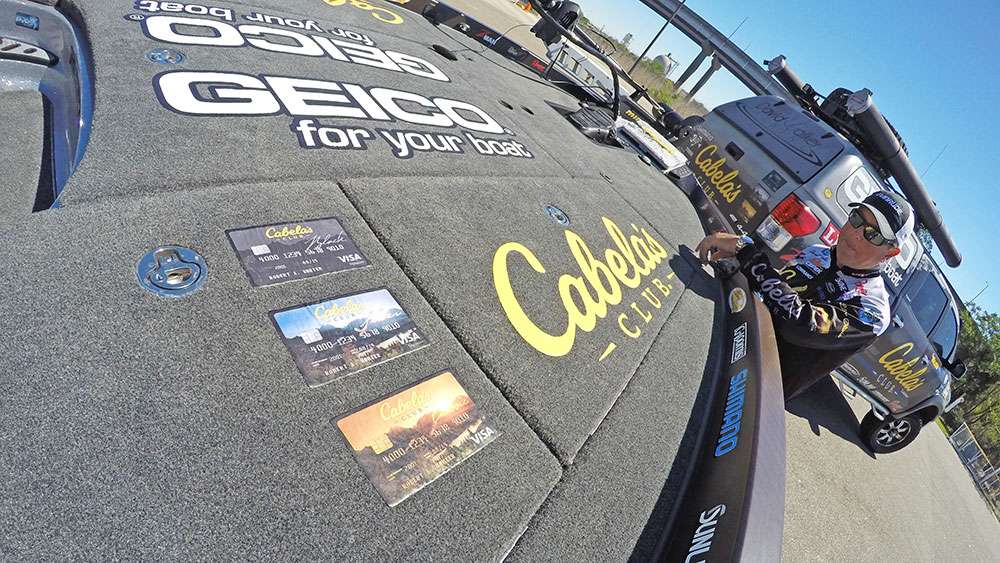 Here's a closer look at a few of the sponsor logos on the front deck, GEICO and Cabela's are two of his primary sponsors. 