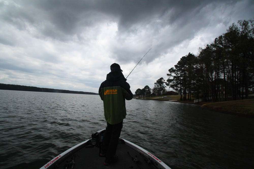 <b>1:49 p.m.</b> As a thunderstorm blows across Lake J, Morgenthaler fishes a main-lake bank.