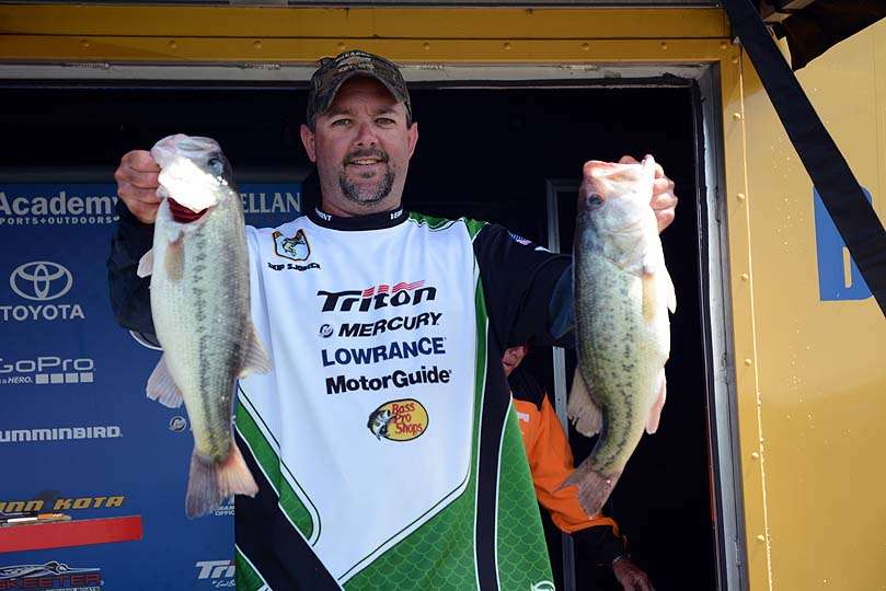 Skip Sjobeck of Vermont with two bass from his limit on Day 2. 