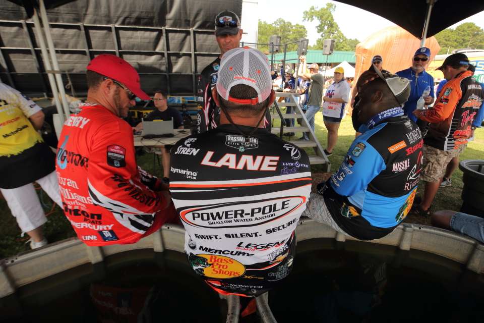 The Top 12 anglers wait to be called onstage for introduction.
