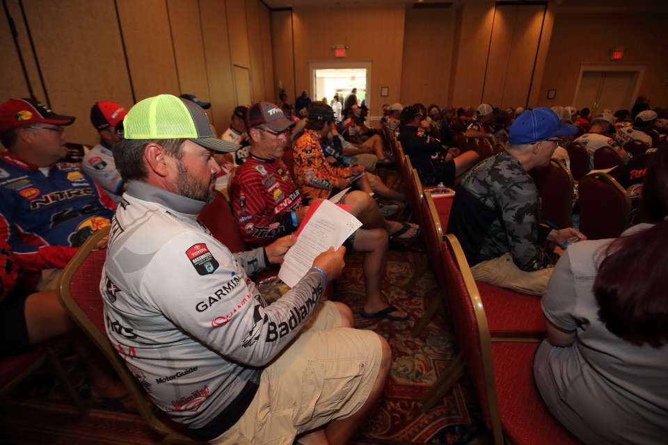 Toyota Angler of the Year point leader Greg Hackney is carefully checking the briefing sheet.